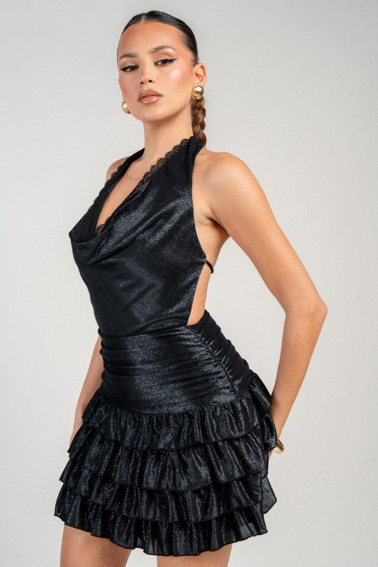 COWL NECK RUFFLW TIER MINI PARTY DRESS
