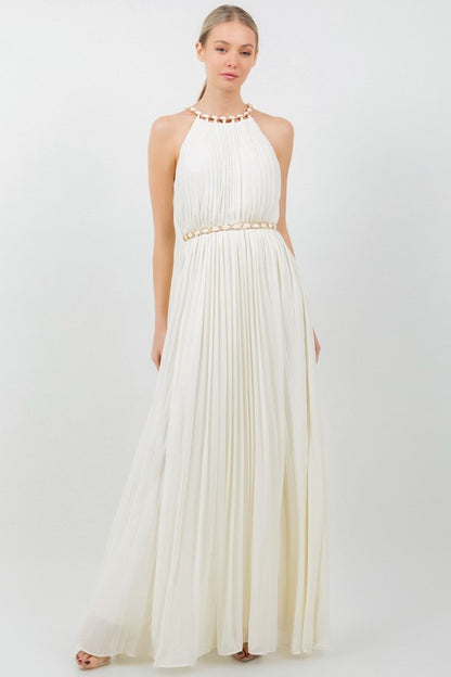 SOLID SLEEVELESS CHAIN HALTER NECK W CHAIN BELT PLEATED MAXI DRESS