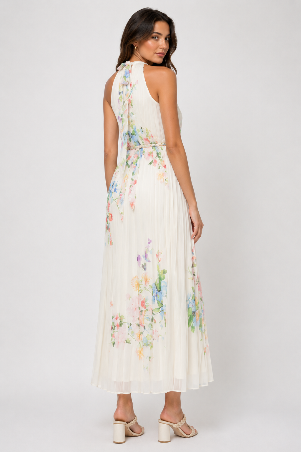 FLORAL PLEATED HALTER MAXI DRESS