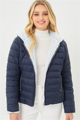 Reversible Faux Sherpa Fleece Puffer Hooded Jacket