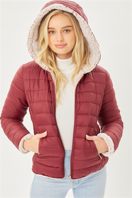 Reversible Faux Sherpa Fleece Puffer Hooded Jacket