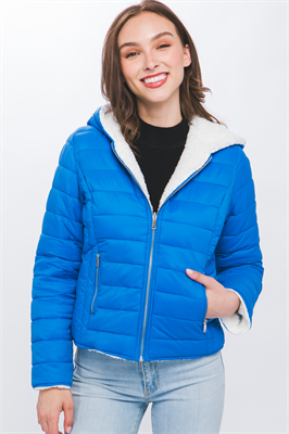 Reversible Faux Sherpa Fleece Puffer Hooded Jacket