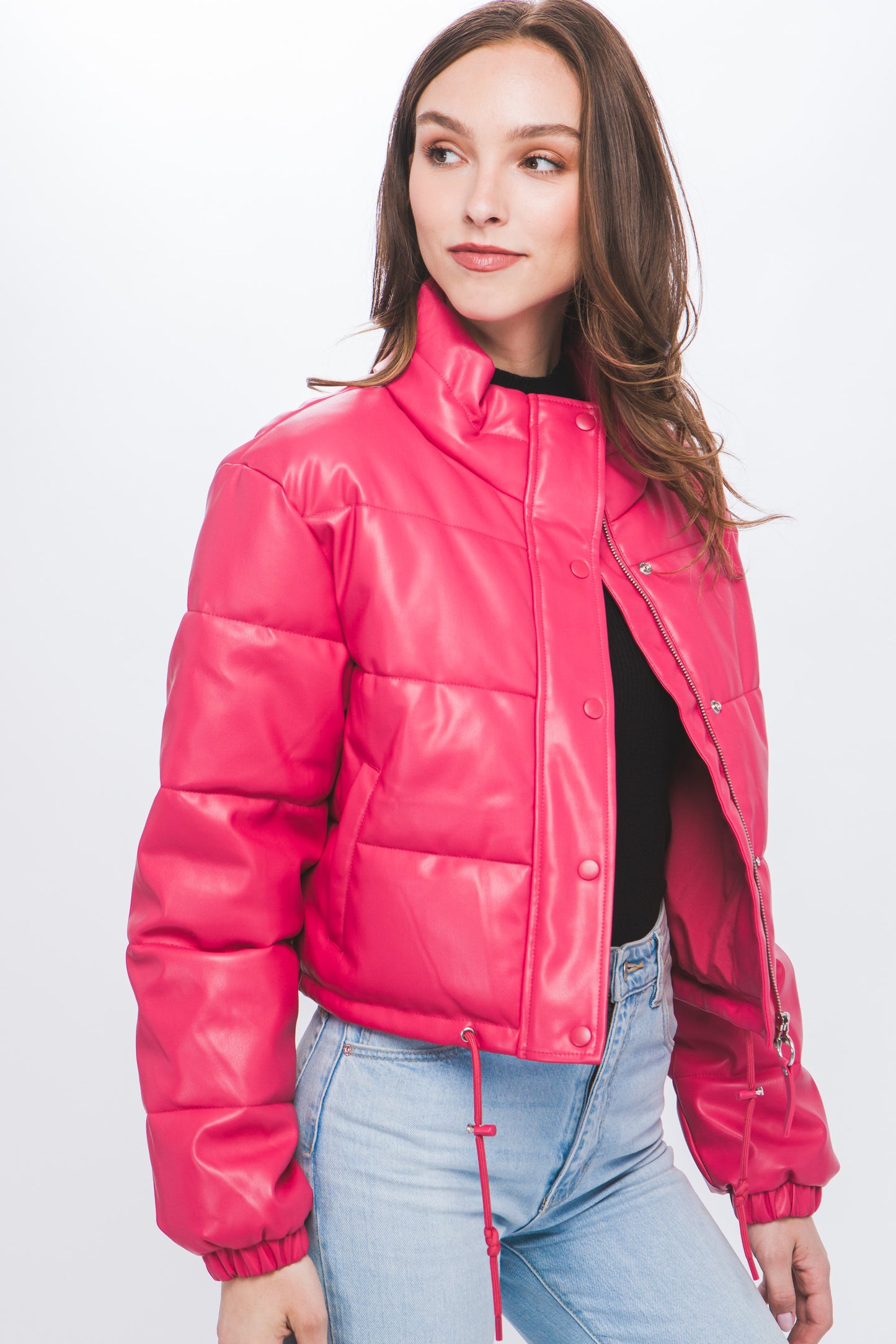 PU Faux Leather Puffer Jacket With Snap Closure