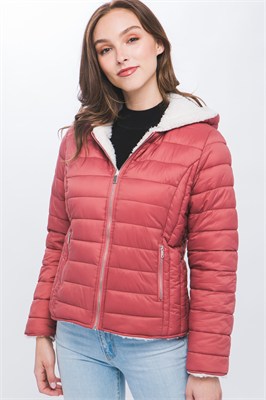 Reversible Faux Sherpa Fleece Puffer Hooded Jacket