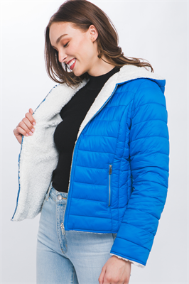 Reversible Faux Sherpa Fleece Puffer Hooded Jacket