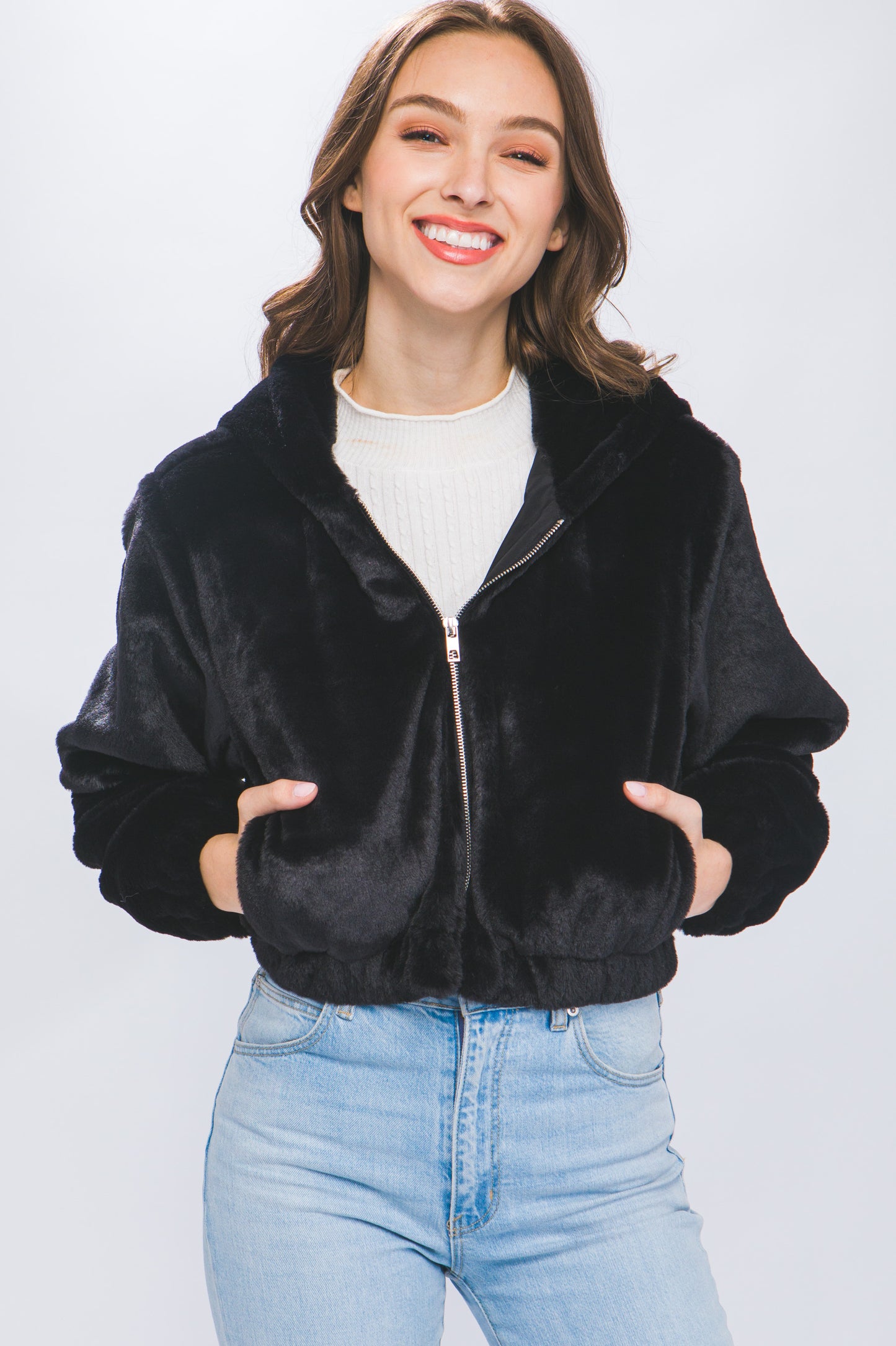 Fleece Blend Semi Cropped Zip Up Jacket with Hood