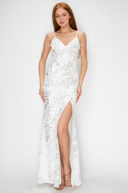 FLORAL SEQUIN MERMAID MAXI COCKTAIL DRESS