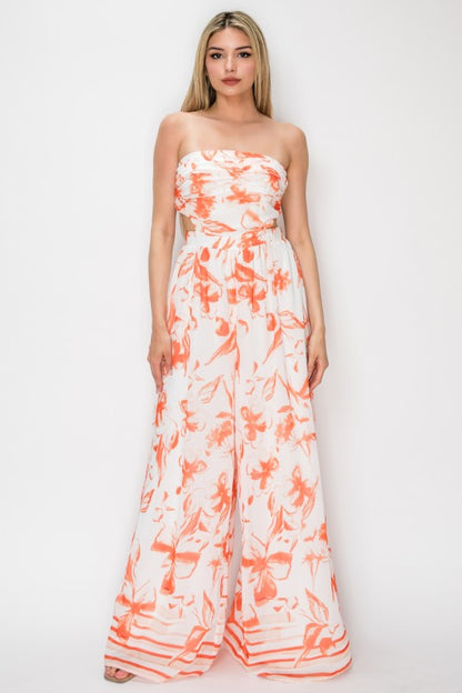 STRAPLESS FLORAL PRINTED WIDE LEG JUMPSUIT
