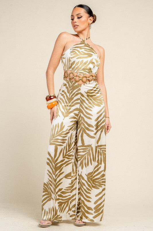 SATIN PRINT W/ WAIST RING TRIM JUMPSUIT