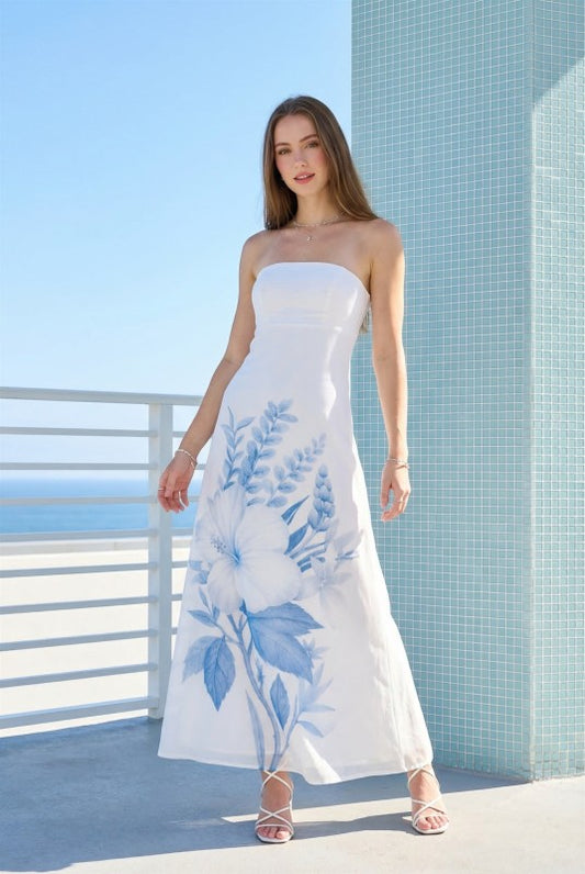 STRAPLESS FLORAL PRINT A-LINE LINEN MIDI DRESS