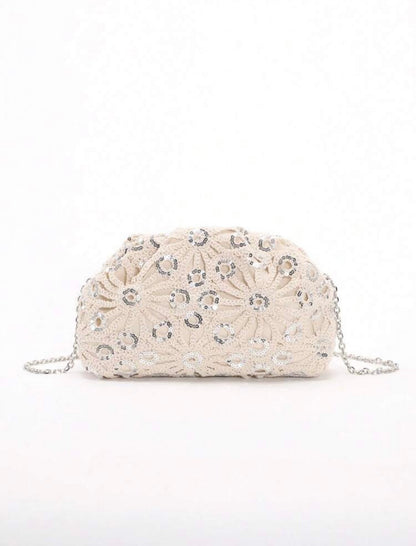 PVC SEQUINS PLEATED CLOUD MESH EMBROIDERED CLUTCH BAG