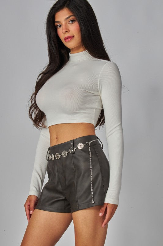 FAUX LEATHER STUDDED MICRO SHORTS WITH LEATHER BELT