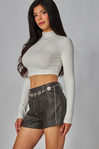 FAUX LEATHER STUDDED MICRO SHORTS WITH LEATHER BELT