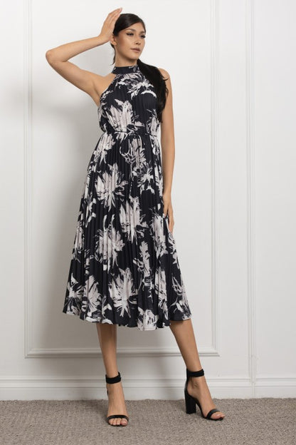 PRINTED HALTER NECK PLEATED MIDI DRESS