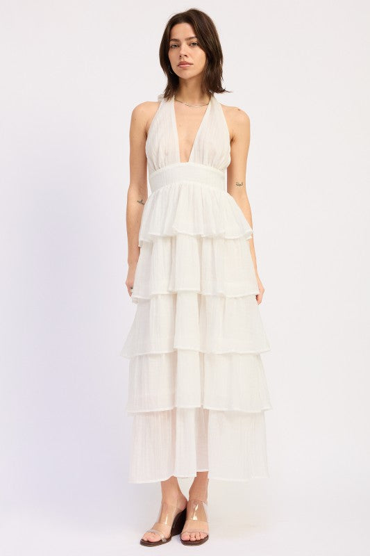 HALTER TIERED MIDI DRESS WITH NECK TIE