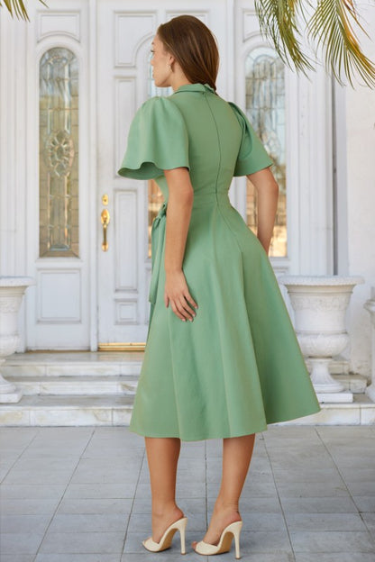 SLIT OPEN BUTTON UP COLLAR MIDI DRESS