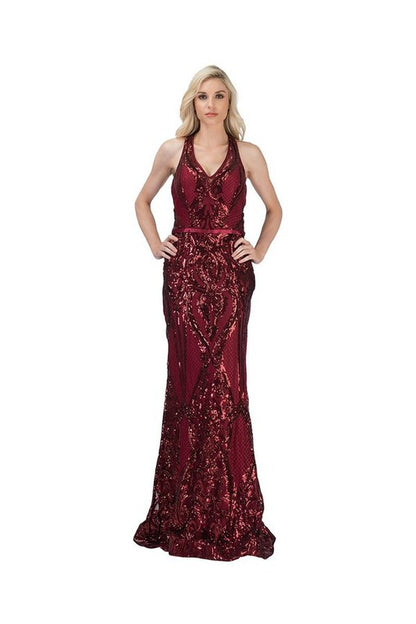 V NECK FLOOR LENGTH COCKTAIL DRESS WITH SEQUINS