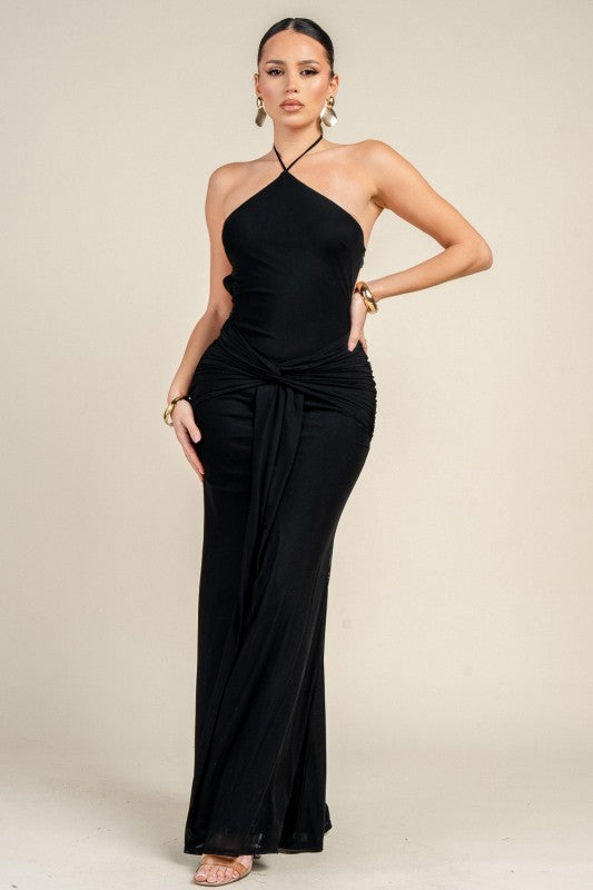 MESH WAIST TWIST SASH MAXI DRESS