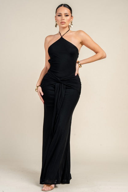 MESH WAIST TWIST SASH MAXI DRESS