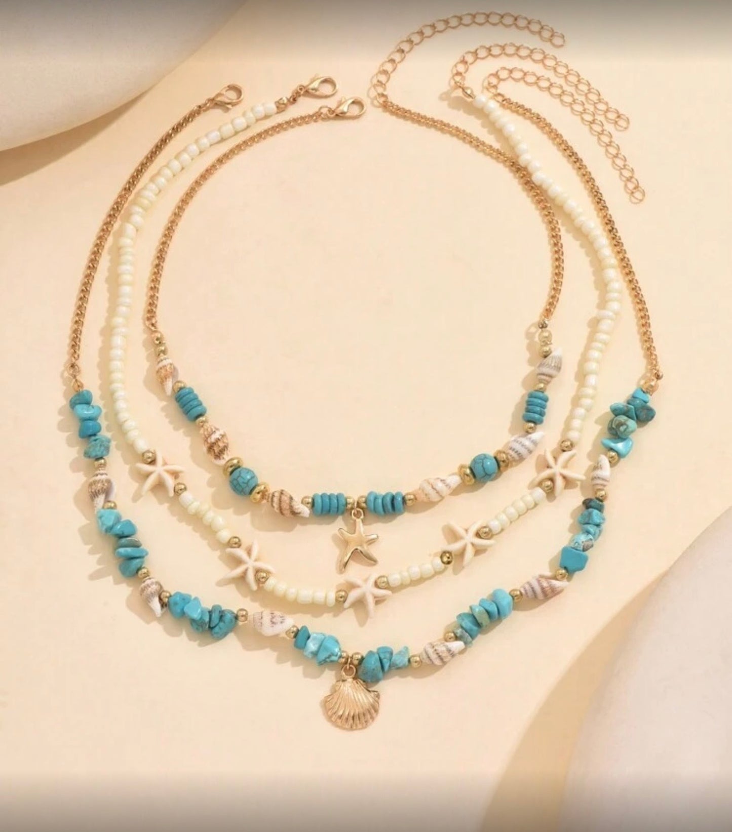 3pcs Set Turquoise Shell & Pearl Beaded Necklace