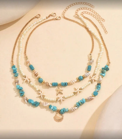 3pcs Set Turquoise Shell & Pearl Beaded Necklace