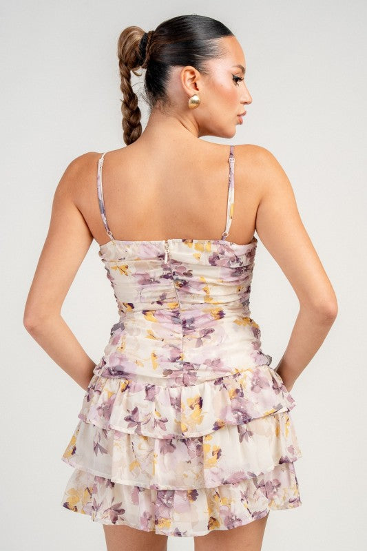 RUCHED RUFFLE TIERED FLORAL PRINT MINI DRESS