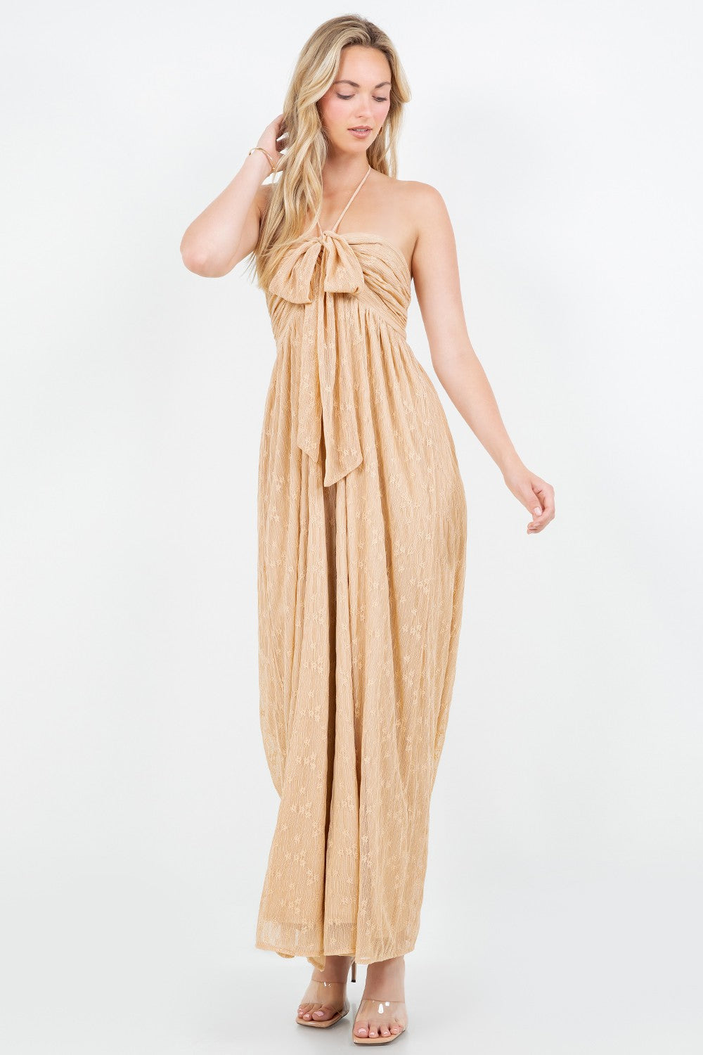 SOLID FRONT TIE HALTERED JUMPSUIT