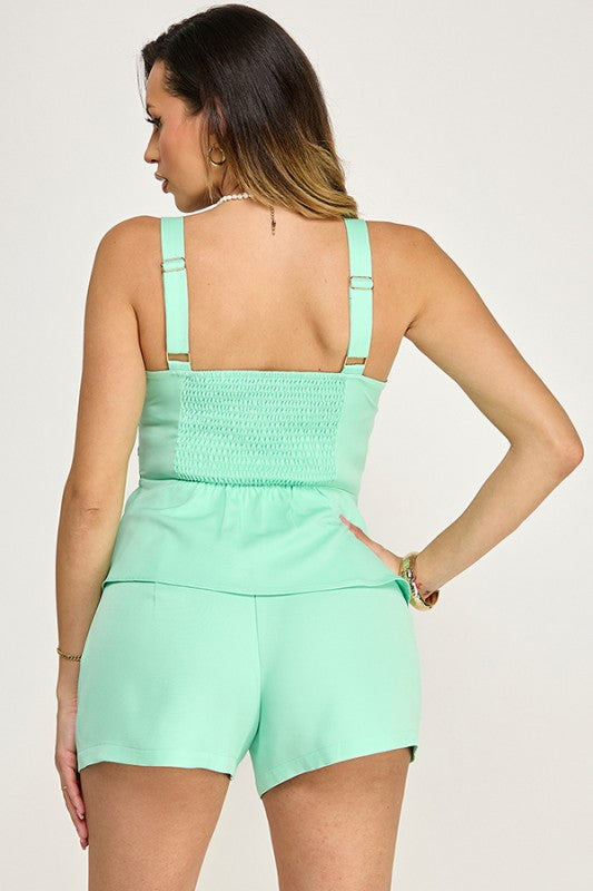 SLEEVELESS PEPLUM TOP WITH GOLD BUCKLE AND SHORTS SET