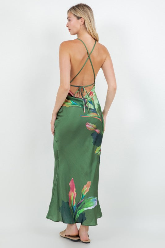 FLORAL PRINTED COWL NECK MAXI SATIN DRESS