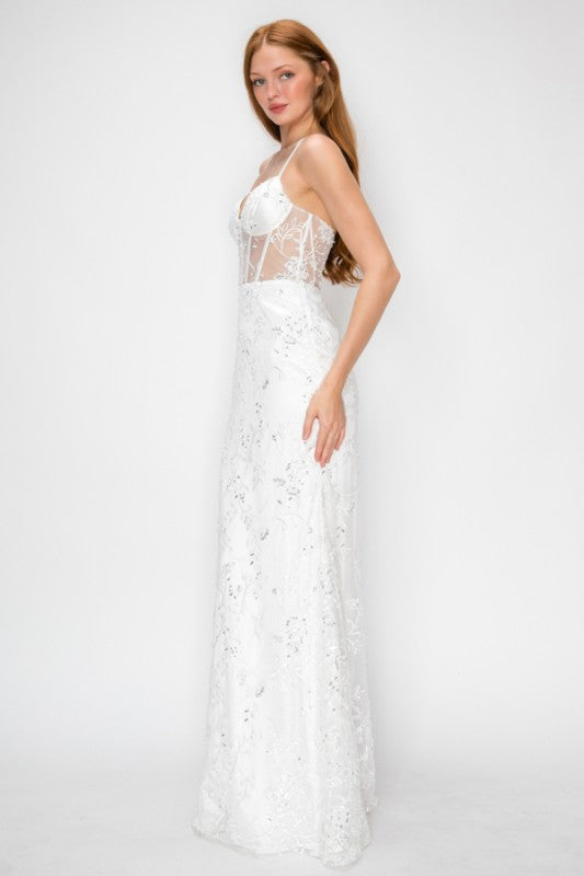 FLORAL SEQUIN CORSET MERMAID MAXI COCKTAIL DRESS