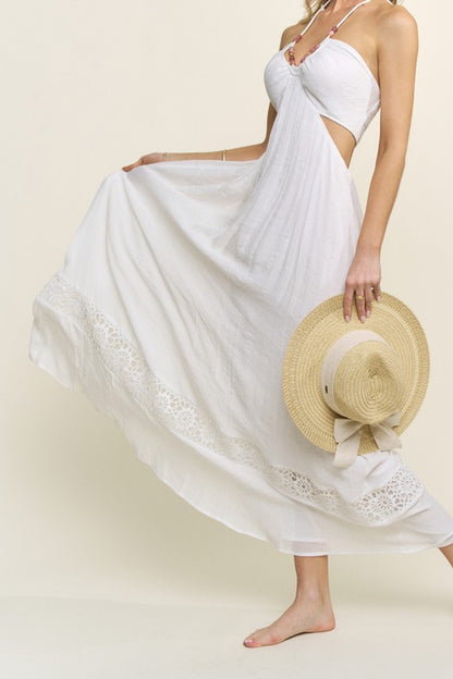 STONE BEAD HALTER STRAP CUTOUT MAXI DRESS