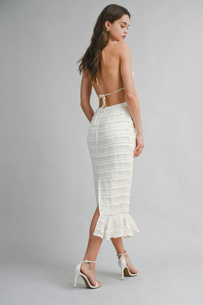 SMOCKED TIERED HALTER BODICE MIDI DRESS
