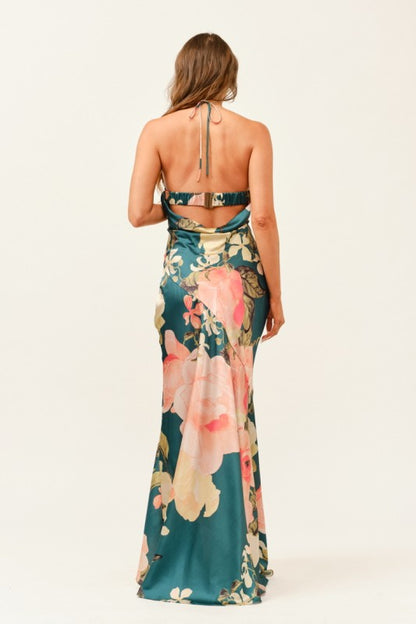 FLORAL SATIN HALTER MAXI DRESS