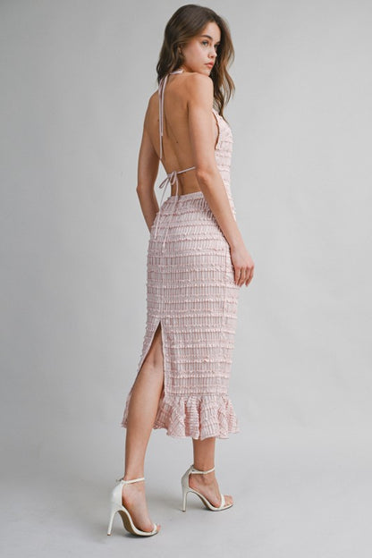 SMOCKED TIERED HALTER BODICE MIDI DRESS