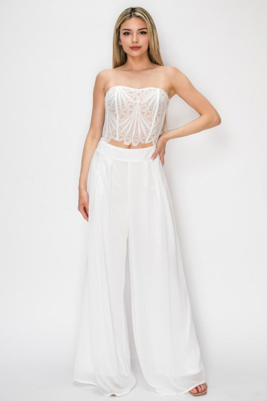 CROCHET CROP TOP WITH CHIFFON WIDE LEG PANTS SET