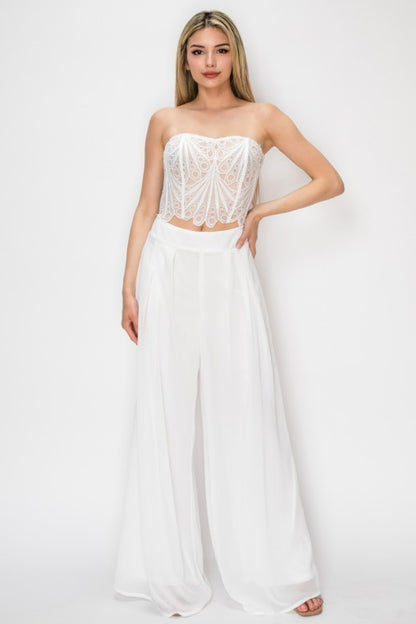 CROCHET CROP TOP WITH CHIFFON WIDE LEG PANTS SET