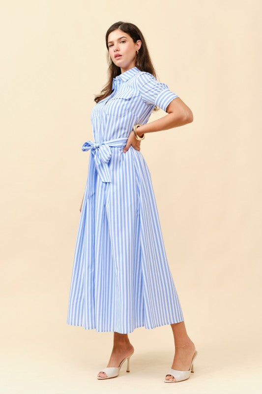 SHORT SLEEVES STRIPE BUTTON FRONT MIDI DRESS