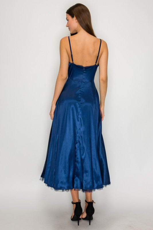 EVENING SATIN TULL MIDI DRESS