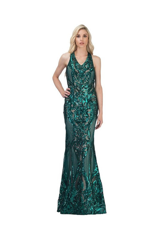 V NECK FLOOR LENGTH COCKTAIL DRESS WITH SEQUINS