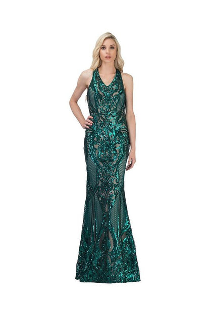 V NECK FLOOR LENGTH COCKTAIL DRESS WITH SEQUINS