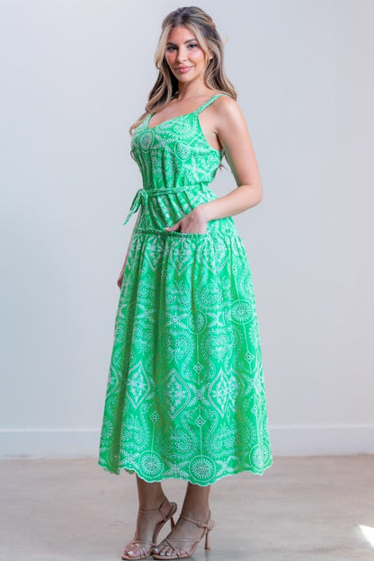 BELTED EMBROIDERED MIDI DRESS