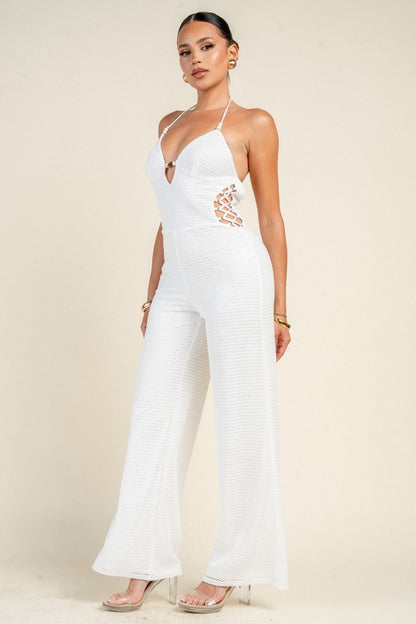 PATTERN KNIT WAIST LACE-UP JUMPSUIT