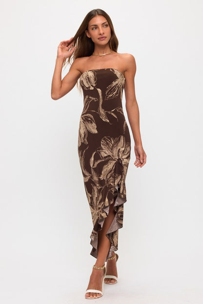 FLORAL BACK CLOSURE RUFFLE SLIT MAXI DRESS