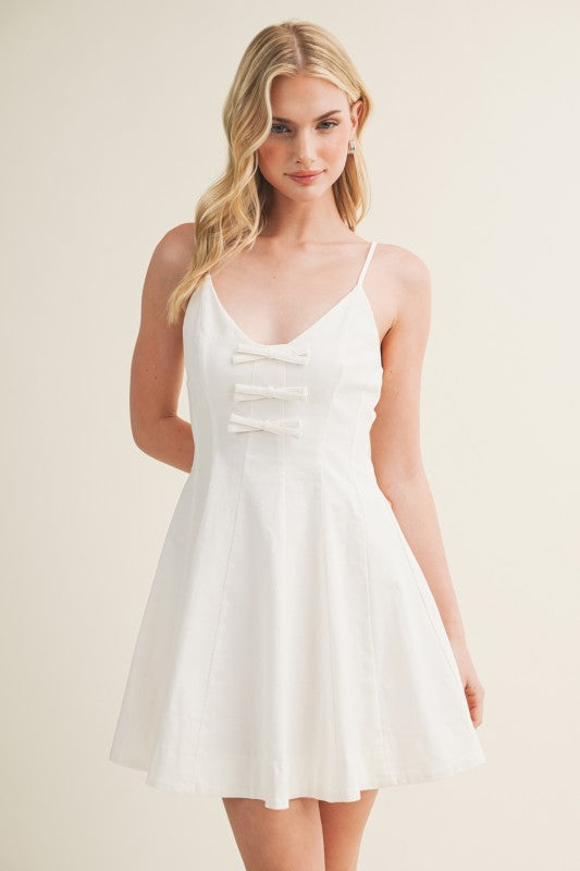 SEAMED BODICE TRIPLE BOW MINI DRESS