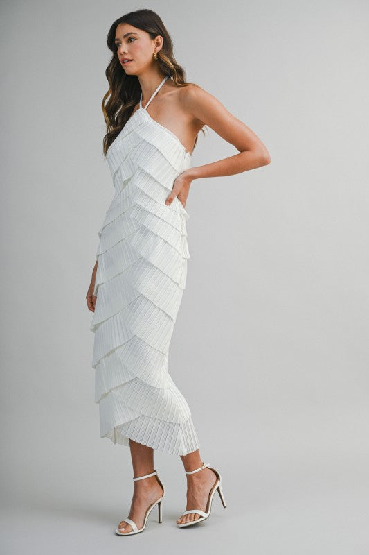 PLEATED HALTER LAYERED DIAGONAL RUFFLE MIDI DRESS
