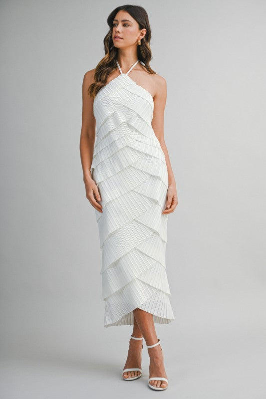 PLEATED HALTER LAYERED DIAGONAL RUFFLE MIDI DRESS