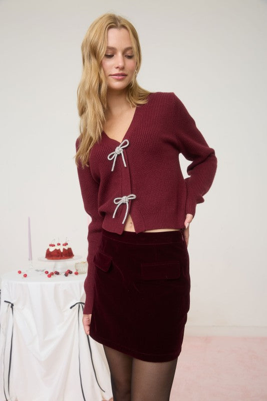 (FRONT JEWELED BOW DETAIL KNIT CARDIGAN