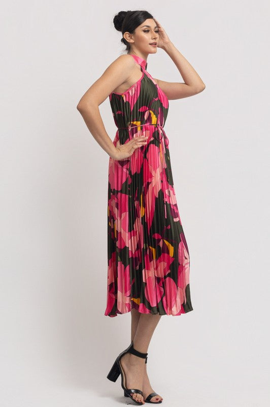 PRINTED PLEATED HALTER NECK MIDI DRESS