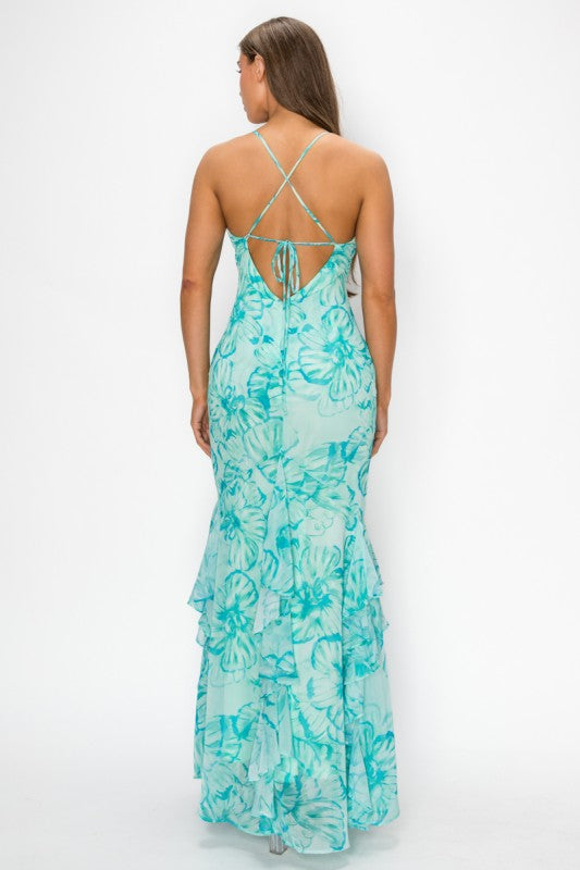FLORAL HALTER PRINTED MAXI DRESS WITH OPEN BACK