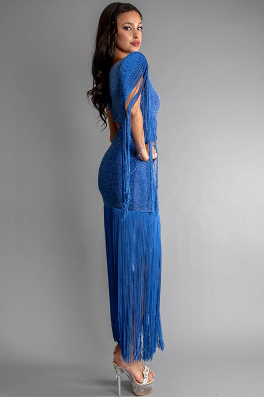 GLITTER KNIT ONE SHOULDER CUT OUT FRINGE DRESS Bella Chica GLITTER KNIT ONE SHOULDER CUT OUT FRINGE DRESS Bella Chica